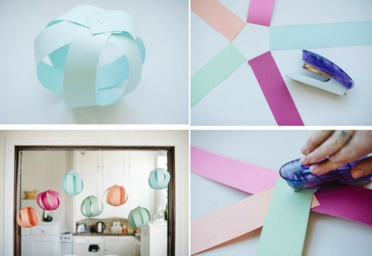 fest-dekoration-idéer-gör-det-själv-bollar-papper-remsor-färgglada-måla-häftapparat