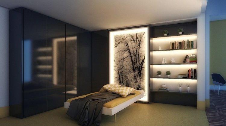 belysning i sovrummet väggmålning-idé-hylla-indirekt-högglansig garderob