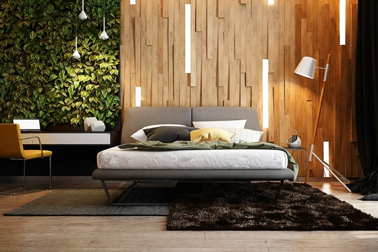 belysning-sovrum-sänggavel-vägg-träskivor-vertikal-trädgård
