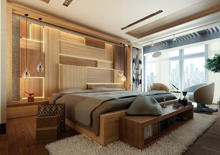 belysning i sovrummet accent vägg-trä-paneler-integrerat-ljus