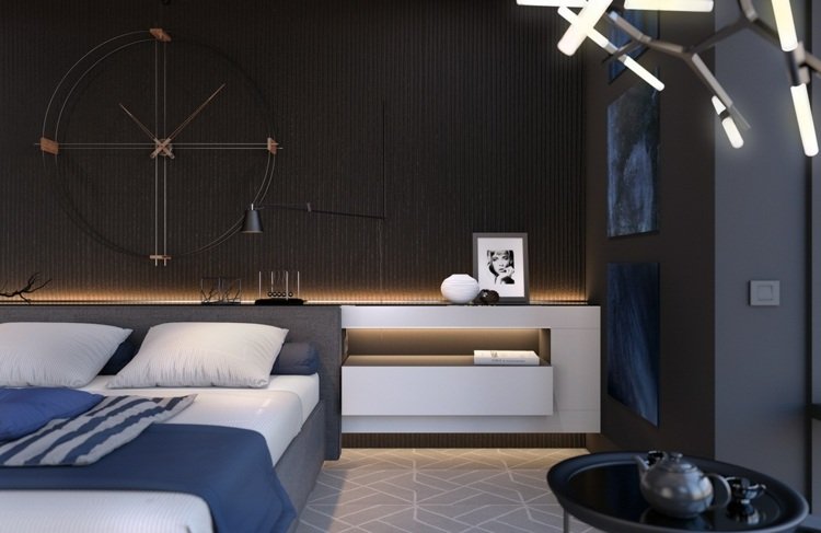 belysning-sovrum-modern-mörk-väggbeklädnad-klocka-deco