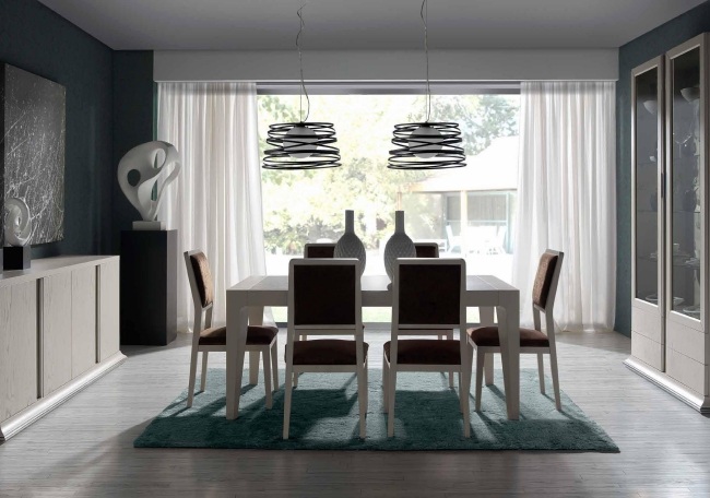 matsalsmöbler rektangulära vitbruna turkosa matta hängande lampor
