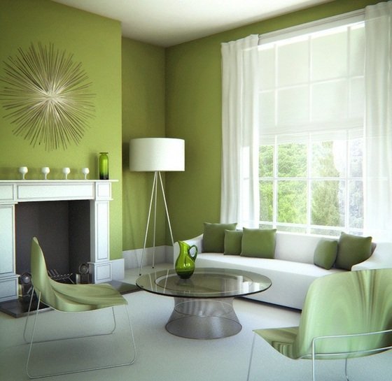 gröna väggar-vita-möbler-för-vardagsrum