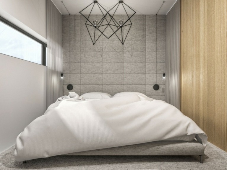 väggdesign lapptäcke sovrum grå klädsel väggidé abstrakt lampa