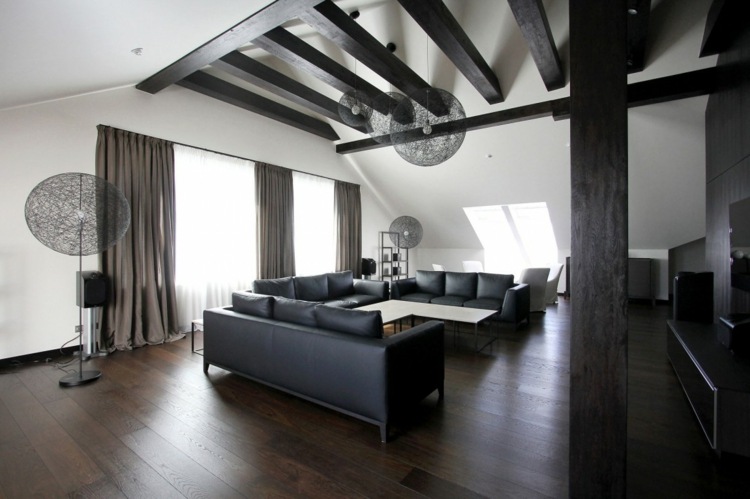 monokrom penthouse design soffa svart läder trägolv