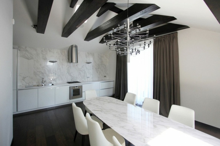 kök penthouse design vit högblank matbord marmorskiva