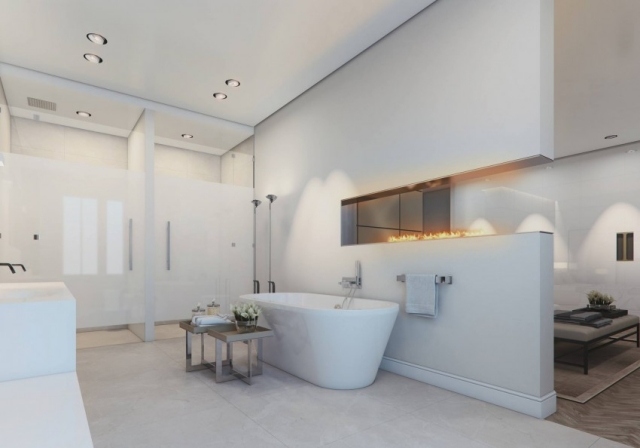 minimalistisk design-badrum-bio-öppen spis-väggmonterad-badkar-fristående