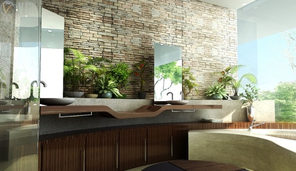 badrum designer handfat bord-växter krukor-dekoration idéer natursten vägg