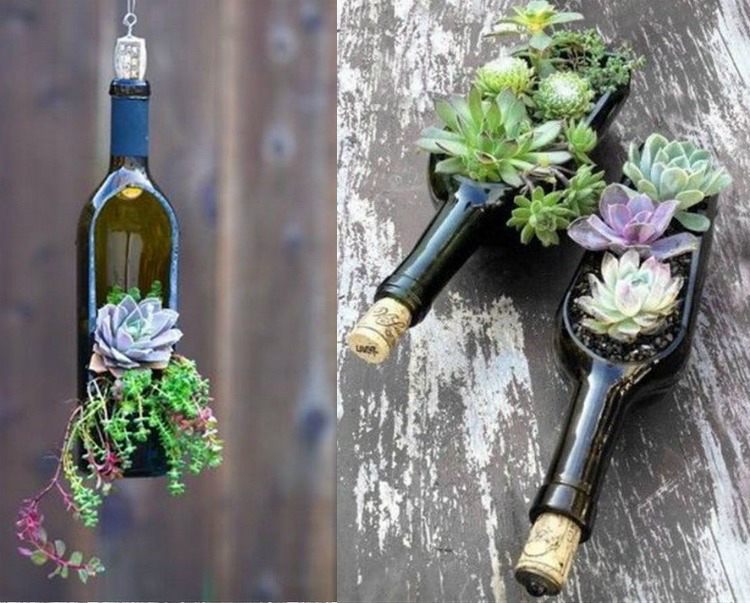 Planters i utomhusområdet-husläkare-växter-glas-trädgård dekoration-vinflaska