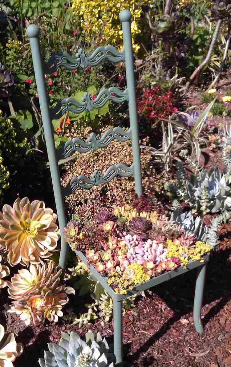 planters-utanför-houseleek-växter-järn-stol-trädgård-trädgård dekoration