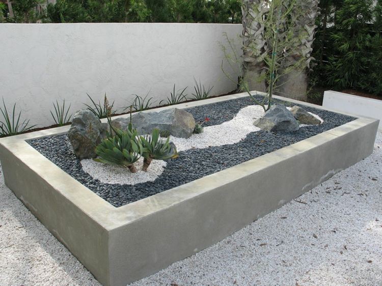 Betongplanter, rektangulär-grå-sten-design-trädgård
