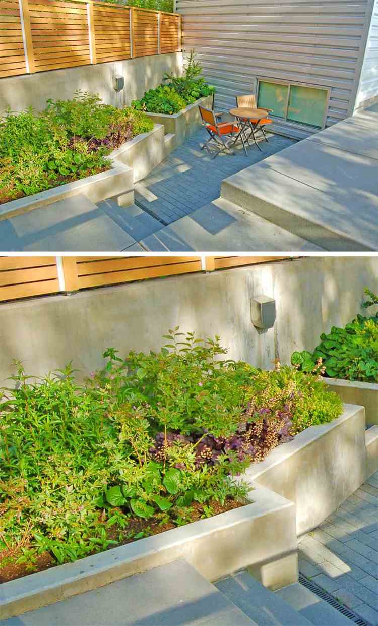planter-betong-inbyggd-i-sekretess-skärm-trä-lameller-växter-grönt