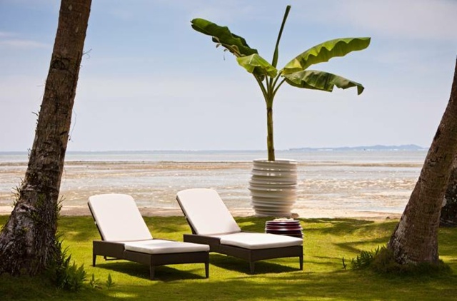 högkvalitativ växtkruka palm liggande stol havssol