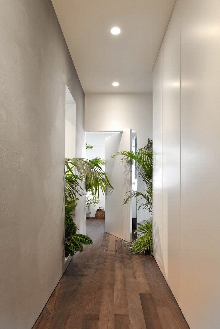 lättskötta krukväxter-korridor-design-trägolv-inbyggt skåp-vit-inbyggda taklampor