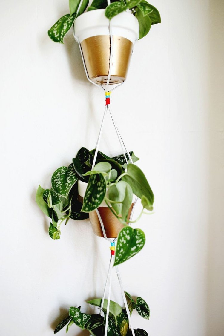 hängande-inomhus-växter-guld-accenter-blomkruka-dekoration-tak-gröna-blad