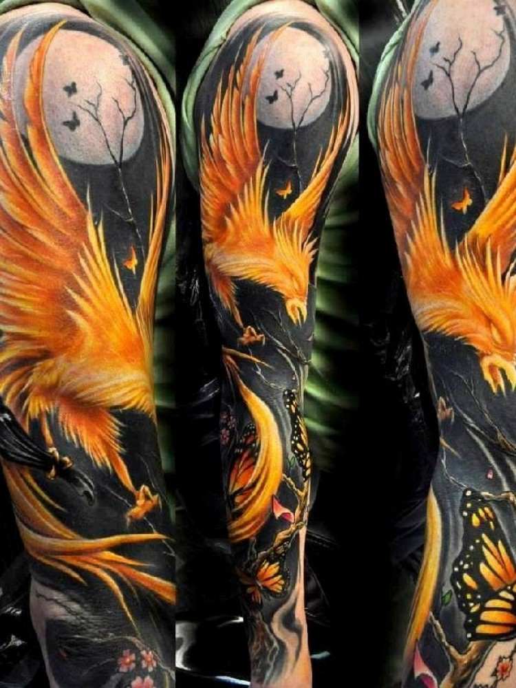phoenix tatuering design tatueringar eld fågel mytologi svart guld kombination färger fjäril