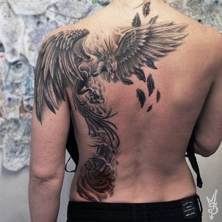 Phoenix tatuering designer tatueringar eld fågel mytologi svartvitt man tillbaka placering