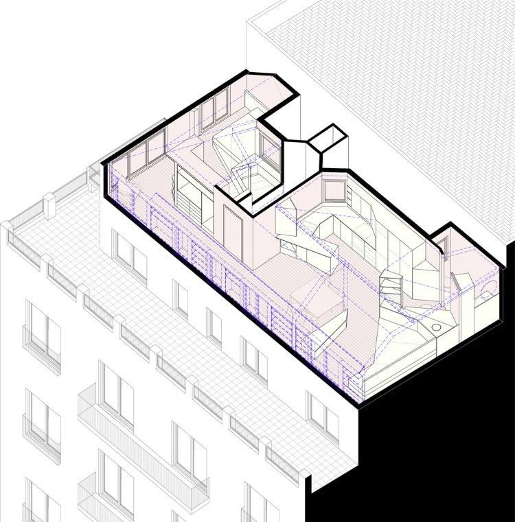 axonometrisk projektion av en lägenhet på översta våningen i Barcelona med trånga utrymmen