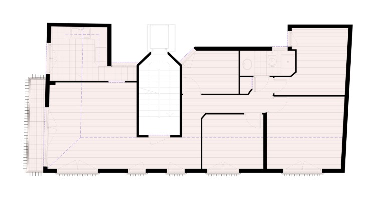 planritning av en taklägenhet med platsbesparande möblerade vardagsrum