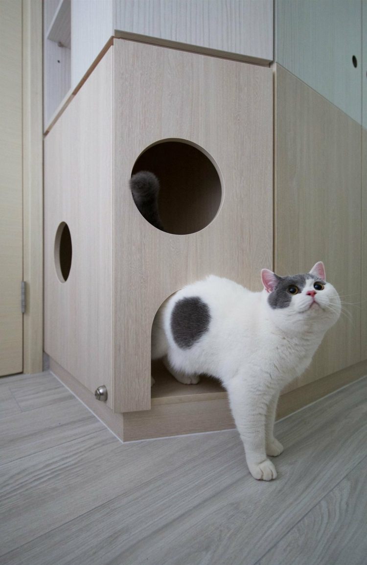 Multifunktionella möbler i sovrummet för förvaring och med hus för katten