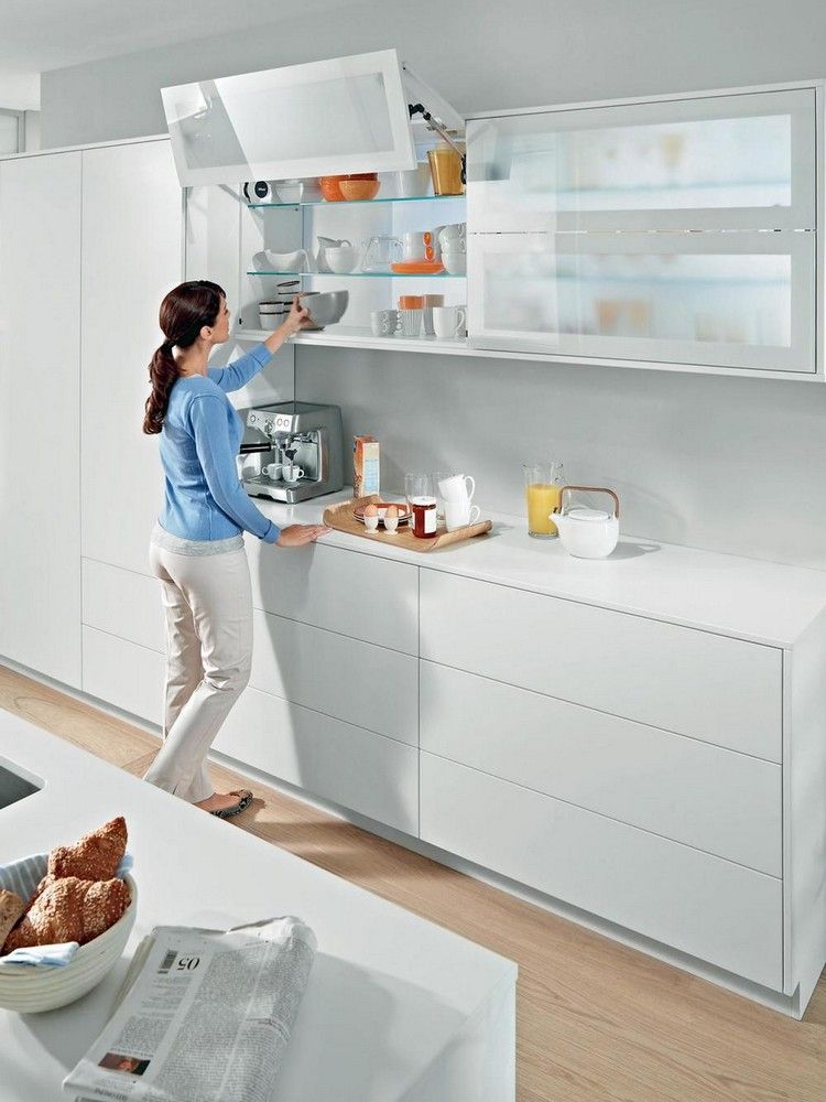 Dörrsystem för köksskåp, hopfällbara hissdörrar-automatiska-vita-köksväggmonterade skåp