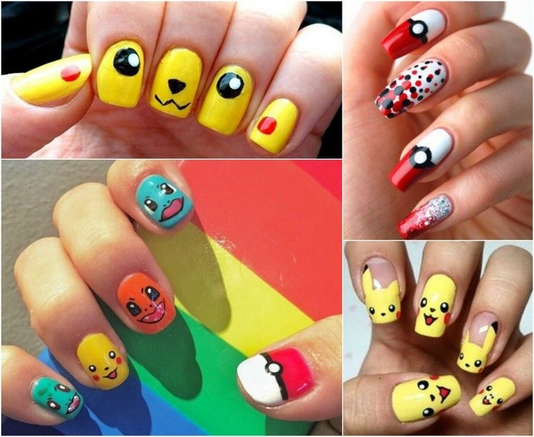 pokemon-kostym-naglar-nagel-design-idéer-pikachu-pokeball-nailart