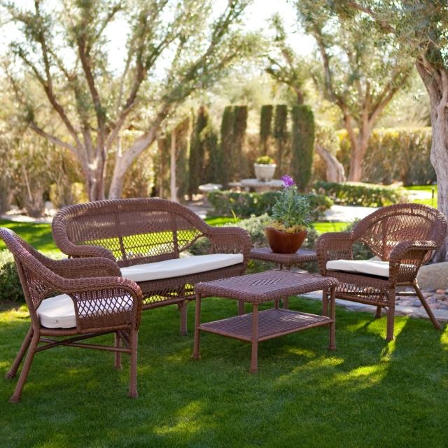 polyrattan trädgårdsmöbler uppsättning brun bord soffa fåtölj