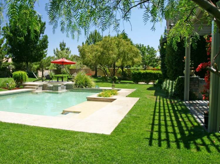 Pool-trädgård-gräsmatta-terrass-parasoll-träd