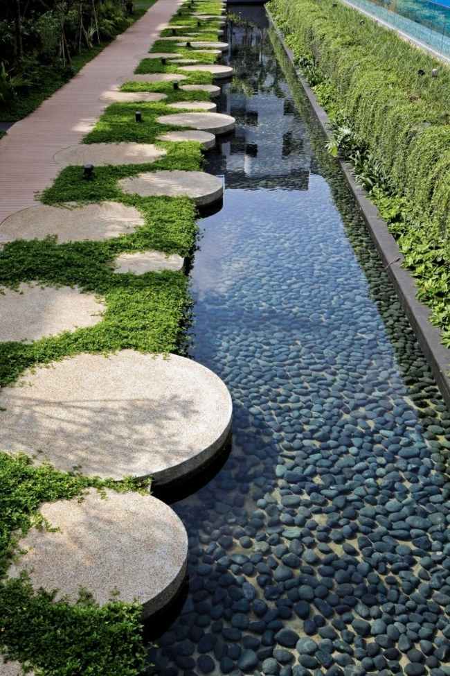 Trädgårdsdesignidéer stenbana gräsmatta pool flodstenar