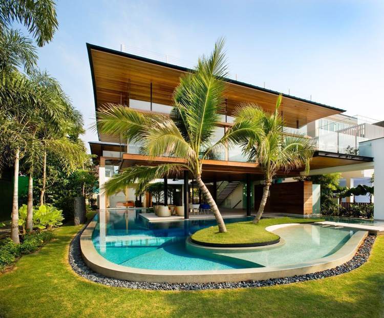 Pool på bakgården -moderna-arkitektur-hus-exotiska-palmer