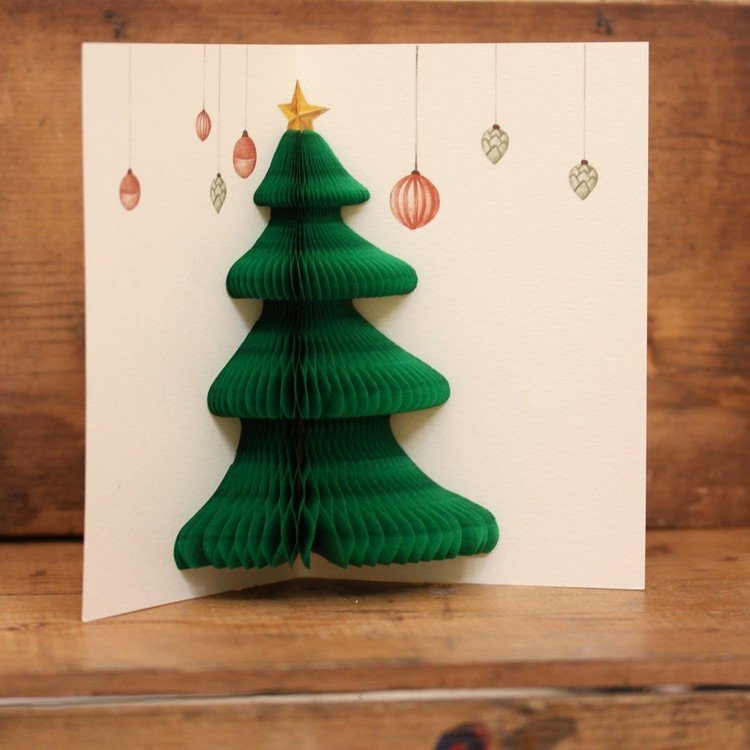 julkort-självdesign-pop-up-honungskaka-jul-träd-munspel-papper