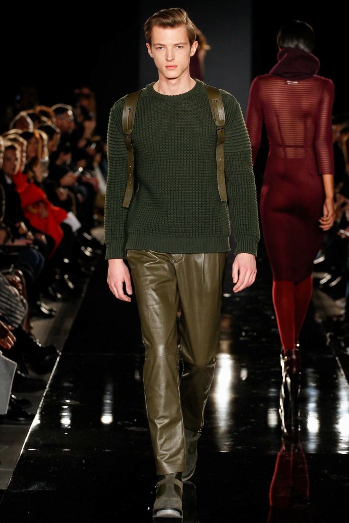 Militär-grön-byxor-gjorda av läder-herr-tröja-med-textur