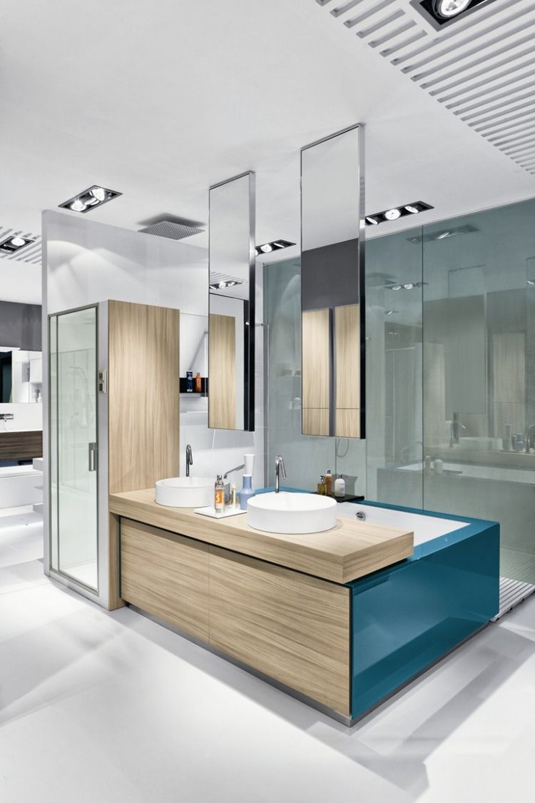 Badkar-handfat-dusch-system ljus-trä-blå-högblank