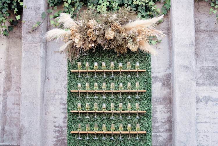 Champagnevägg dekorerad med pampasgräs för bröllopet
