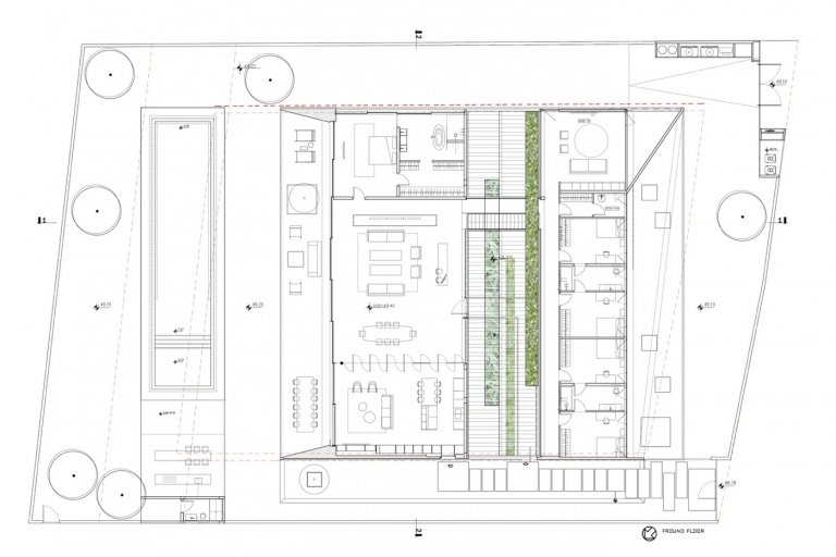 Enfamiljshus planritning ovanför innergården design vardagsrum