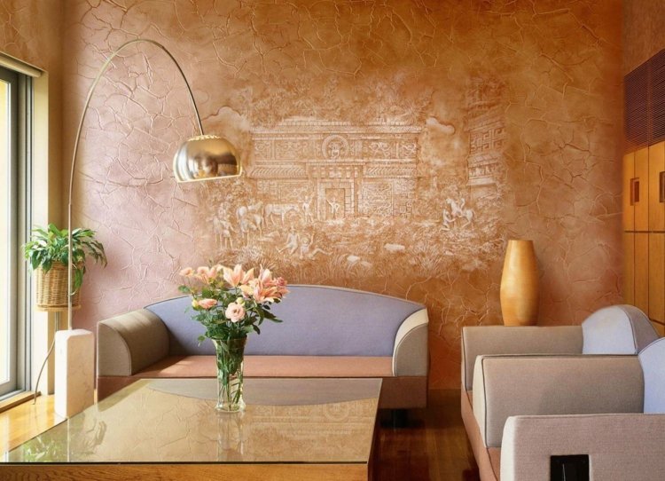 gips för väggar travertino idé väggmålning beige soffa glasbord