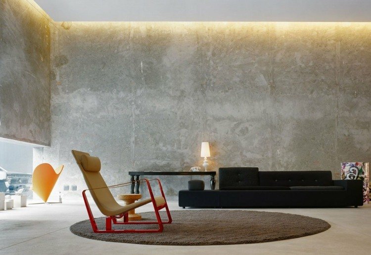 gips för väggar betong ser modern soffa svart stol röd ram