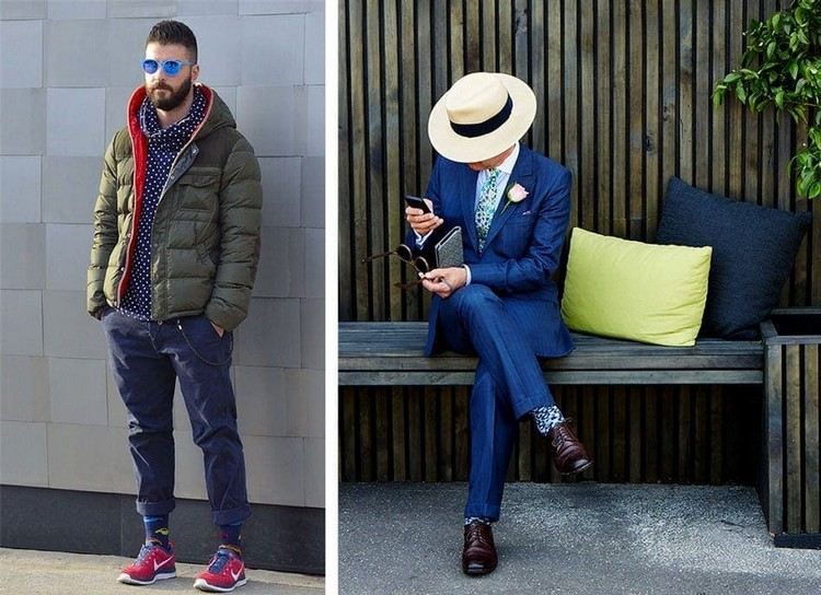 trendkläder för män med kostymer och ett sportigt utseende sätter färgglada strumpor som accent