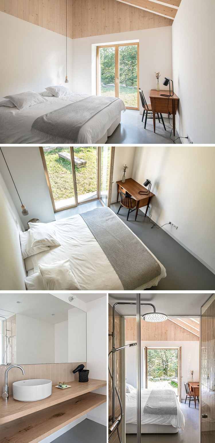 minimalistisk sovrum design trä tak badrum badrum