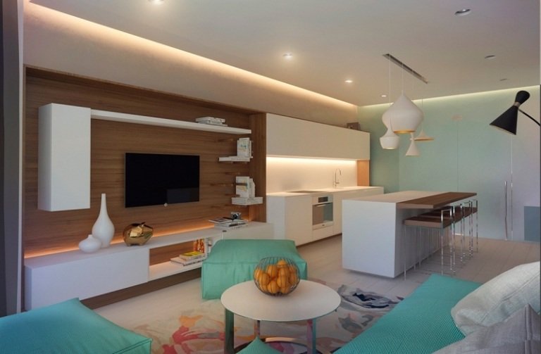 inredning-idéer-grå-mint-grönt-vardagsrum-vägg-enhet-öppet-kök-minimalistisk