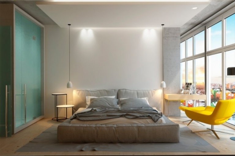 inredning-idéer-grå-färgade-accenter-sovrum-gul-bild-fönster-säng