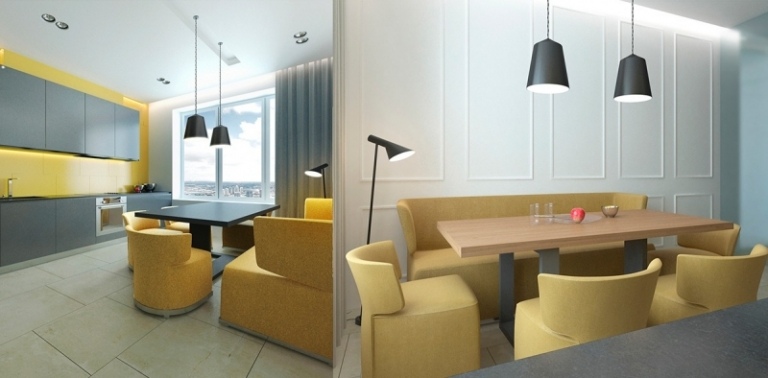 inredning-idéer-grå-gul-matplats-stoppade möbler-stolar-soffa-hängande-lampor-kök