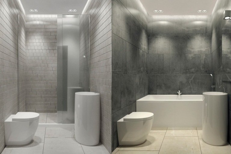 inredning-idéer-grå-vit-badrum-minimalistisk-tvätt-konsol-badkar-dusch
