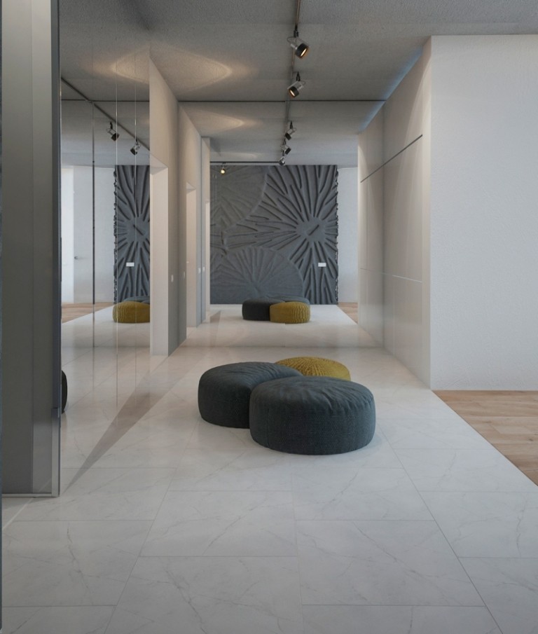 inredning-idéer-grå-struktur-vägg-hall-marmor-golv-glas-vägg-vit-sittdynor