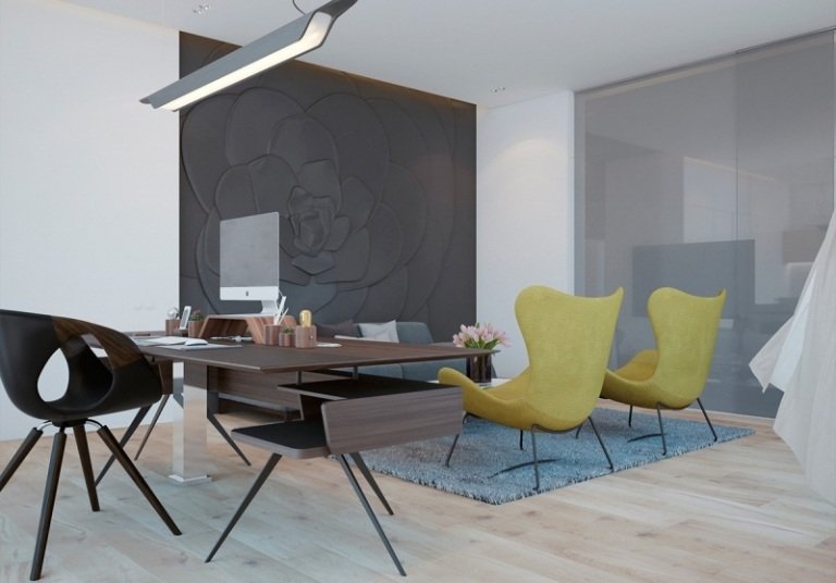 Inredningsidéer-grå-struktur-vägg-studie-skrivbord-sittplatser