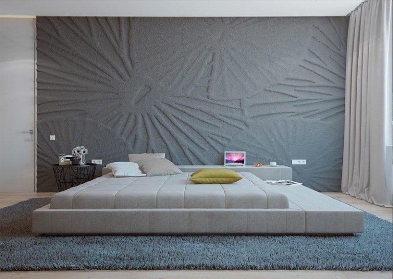Inredningsidéer -grå-struktur-sovrum-säng-stor-stoppad sängmatta