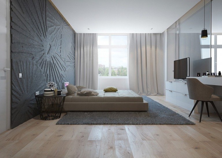 Inredningsidéer -grå-struktur-vägg-sovrum-trägolv-sminkbord-tv-konsol
