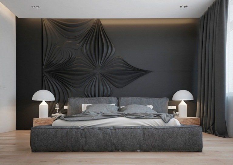inredning-idéer-grå-struktur-sovrum-säng-stoppade säng-trä-sängbord