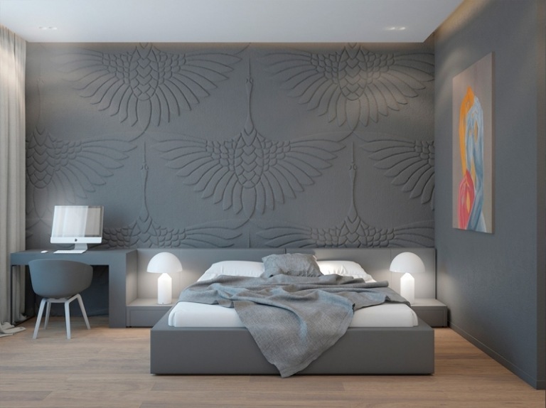 Inredningsidéer -grå-struktur-vägg-rum-dubbelsäng-nattlampa-bild