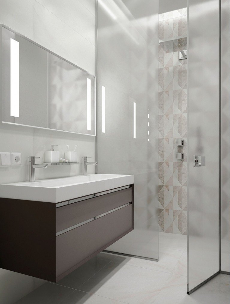 Inredningsidéer -grå-struktur-kakel-vitt-badrum-dusch-handfat-handfat-kantigt
